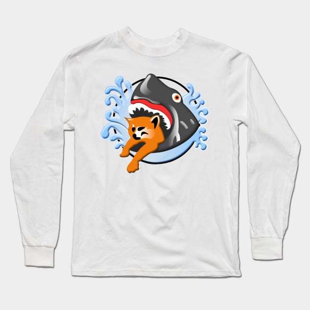 Shark Eating Cat Long Sleeve T-Shirt by nickbuccelli